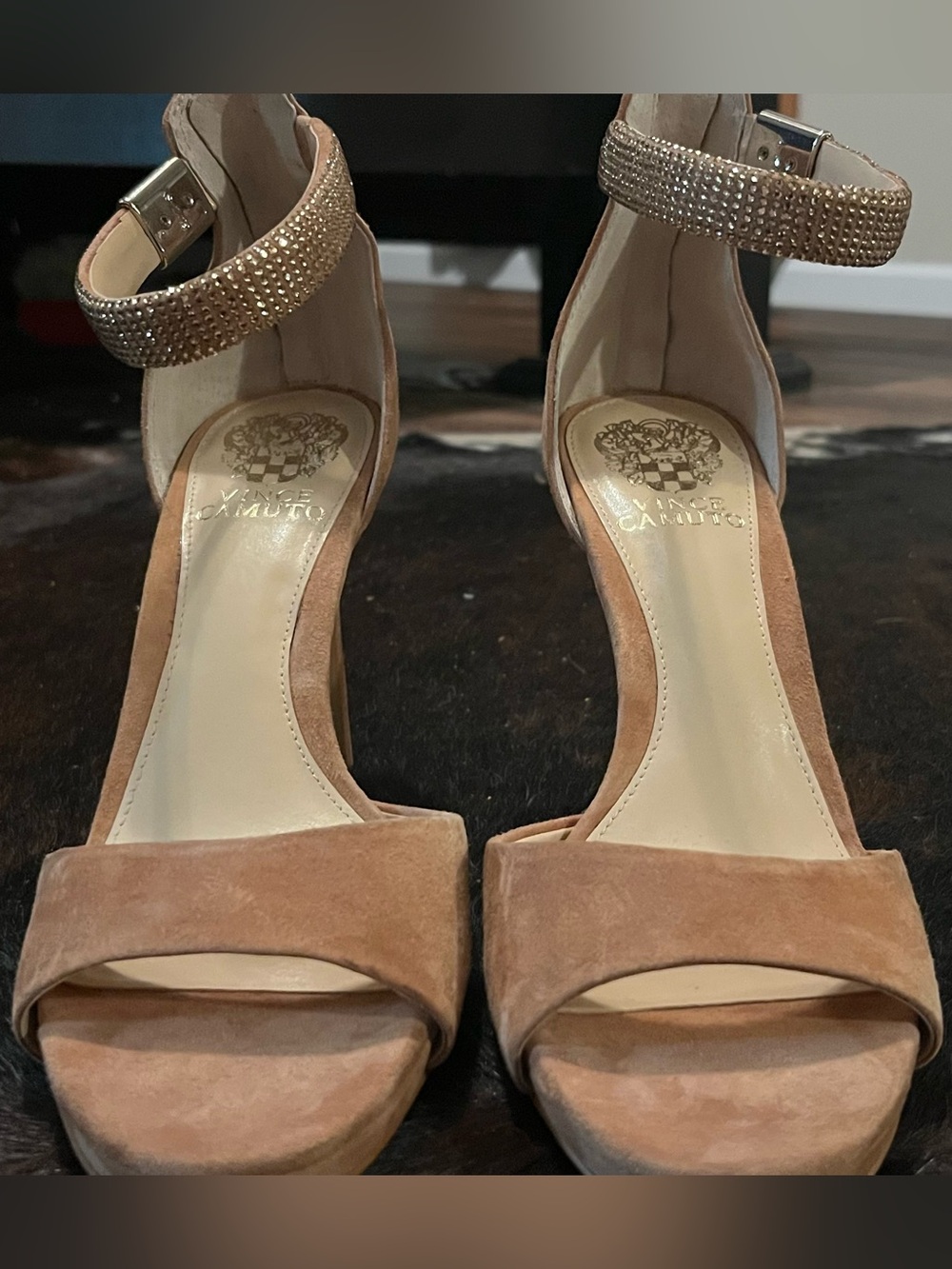 Vince Camuto Tan Suede Ankle-Strap Heeled Sandals with Gold Crystal Strap size 9